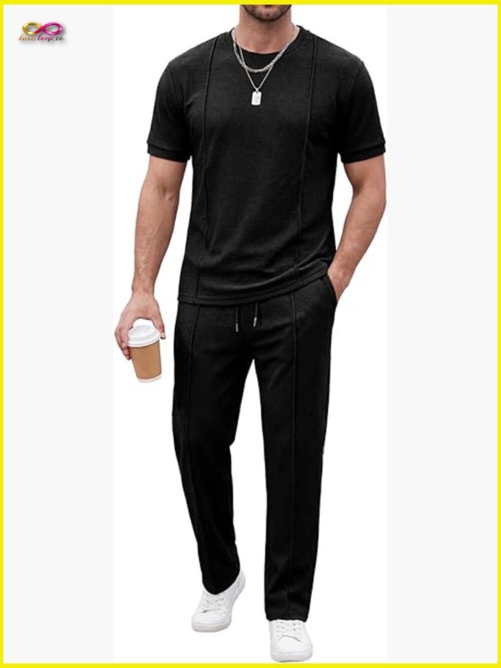 Mens 2 Piece Shirt and Pant Set Short Sleeve Loose Summer Textured Active Suit